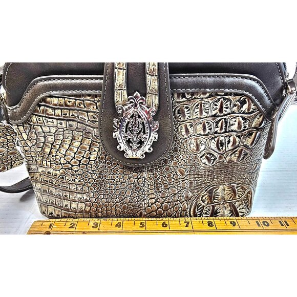 Vtg M.C. Metallic Croc Embossed Faux Leather Crossbody Bag Ornate Silver Tassel - Picture 14 of 15